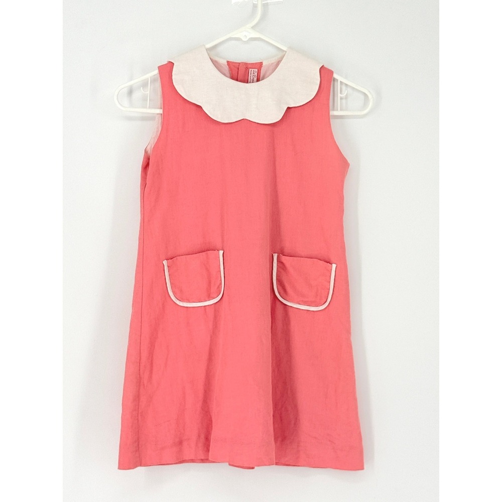 Vintage La Coqueta Kids Pink Linen Scalloped Collar Pocket Dress Size 8 Spain 9y